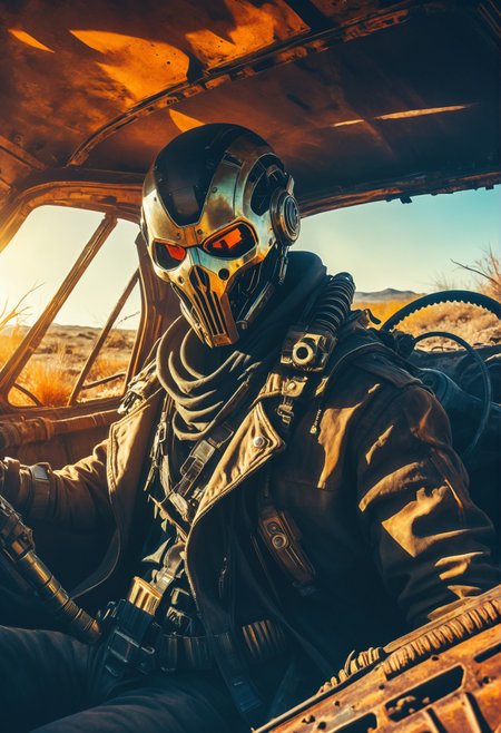 illustration, concept art, a portrait of a lone figure with a fierce expression wearing a post-apocalyptic outfit, the wasteland, rusty car, reclaimed by nature. (science fiction). <lora:futuristic_stlye:1>
vivid colors, stunning background. warm and bright sunlight, a mesmerizing blend of light and shadow. masterpiece, absurdres, intricate details, film grain, dynamic range