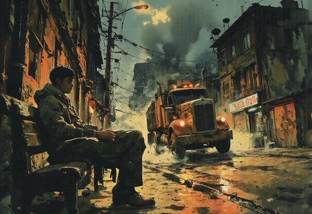 A stark contrast between the serene and the chaotic. In the foreground, a young adult is seated on a bench, their shoulders hunched and head bent low, lost in a world of introspection. The light is dim, suggesting the late hours of the evening, and the shadows cast by the streetlamp above stretch like silent sentinels across the pavement. Their body language radiates a palpable aura of solitude and despair. Suddenly, a semi-truck thunders by on the wet, moonlit street, its powerful headlights piercing the night and momentarily illuminating the scene. The intense light and the truck's deafening roar shatter the quiet, sending a shockwave that seems to physically jolt the individual out of their self-pity. The bench shakes violently, and the person's eyes snap open wide in surprise, their hands gripping the armrests for balance. The truck's red taillights recede into the distance, leaving a trail of vapor and a brief afterimage in the viewer's eyes. Raindrops glisten on the cobblestone street, and the buildings in the background are a blur of muted colors and neon signs, hinting at a bustling city life that seems a world apart from the individual's solitary struggle. The stark light and shadow play on the wet pavement creates a dramatic visual metaphor for the sudden interruption of the tranquil, yet painful, moment of solitude.