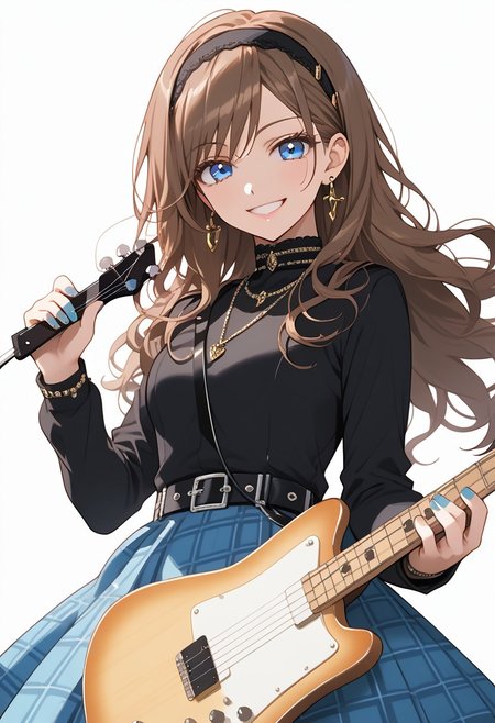 (masterpiece), best quality, expressive eyes, perfect face, soyo_n, looking at viewer, smile, skirt, long sleeves, dress, holding, jewelry, hairband, earrings, belt, nail polish, plaid, plaid skirt, instrument, music, guitar, electric guitar, brown hair, long hair, blue eyes