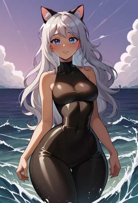 score_9, score_8_up, score_7_up, score_6_up, hair, blue eyes, wide thighs, small waist, skinny, perfect body, illustration, wide hips, perfect thighs, sexy, ultra HD details, 8k quality, hentai, supermodel, sexy proportions, in heat, summer, purple sky, clouds, outside, outdoors, warm light, amazing background, big beautiful waves on the sea, cute face,
(solga:1.2), white hair, cat ears, long hair, wide hips, narrow waist, black latex,