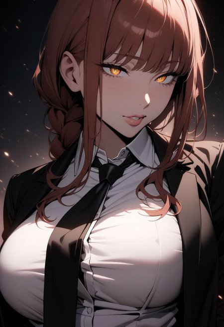 (masterpiece), (best quality), (ultra-detailed), 
1girl, solo,  gorgeous lips, an elegant face, 
light particle, particle, shadow, Makima,Chainsaw Man, detailed lips , black detailed pupils, puffy lips, wide lips thick lips, big lips, large lips, parted clothes , open clothes, neckline , black necktie, tight white shirt
