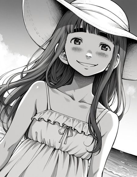 score_9, score_8_up, score_7_up, source_anime,
aikotanaka, <lora:aiko-tanaka-manga-ponyxl-lora-nochekaiser:1>,
aiko tanaka, long hair, bangs, thick eyebrows, blush, greyscale, monochrome,
dress, white dress, collarbone, bare shoulders, sundress, sun hat,
outdoors, beach, smile,
looking at viewer, cowboy shot, solo, dutch angle,