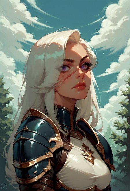 1girl, armor, scar, solo, scar on face, white hair, long hair, hair over one eye, looking at viewer, purple eyes eyes, outdoors, upper body, breastplate, medium breasts, shoulder armor, tree, makeup, lip gloss, day, scar across eye, sky, , cloud, , shoulder plates, pauldrons, breasts, nature, eyelashes, scar on nose, scar on cheek, closed mouth, forest, blue sky, one eye covered
,  <lora:Ri-MIX_A_Illustriousv2-000009:1> rimixa,, looking at viewer,, , score_9, score_8_up, score_8_up,