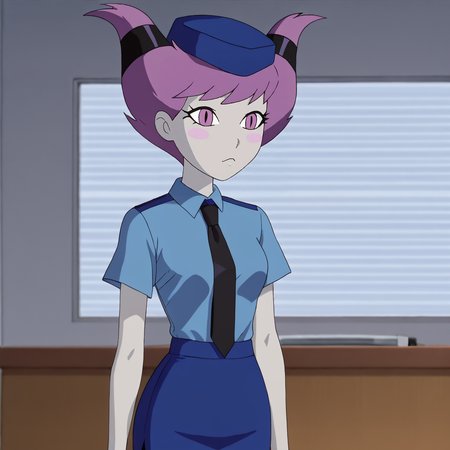 <lora:jinxteentitans_pony_v1:.9> Jinx, 1girl, solo,  purple eyes, purple hair,  horns, blush stickers, short hair, colored skin, medium  breasts, <lora:0820 tokisaki kurumi policewoman fan costume_v1_pony:1> ruanyi0820,black necktie,blue hat,blue shirt,blue skirt,black pantyhose,short sleeves,pencil skirt