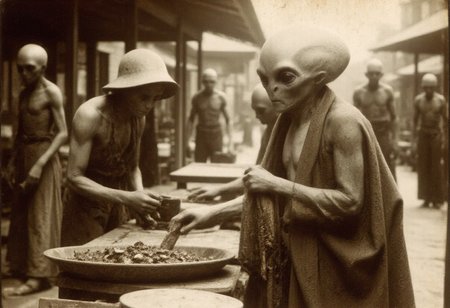 An aged worn sepia monochrome 1800s photograph of (a time traveling (alien)), bartering with merchants in a bustling 1800s marketplace., detailmaximizer