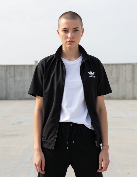 Fashion editorial photography of a young woman with a shaved head, dressed in a black Adidas tracksuit and a white t-shirt, confidently standing directly facing the camera; shot outdoors against a plain, blurry background, capturing the vibrant colors and fine grain of Fujicolor Superia X-TRA 400 film, using a Canon DSLR with a prime lens for a shallow depth of field.