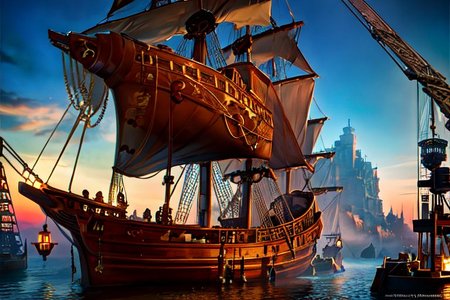 Flying pirate ship PiRe in steampunk style. There is a large robotic dragon head on the front of the ship. mechanic, android, realistic,  highly detailed technical, beautiful, gorgeous, dramatic lighting, golden ratio, Intricate details, 8K, ultra realistic, photography, RTX, light mode, octane render, morbide, HDR, trending on artstation,