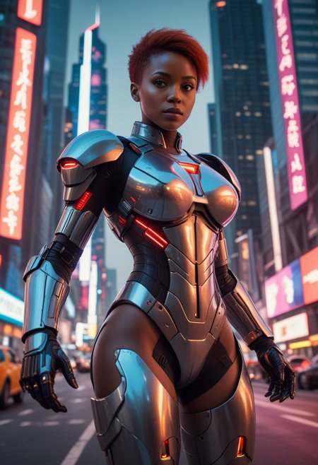 ((fashion photography)), perfect face, perfect eyes, (medium full shot) of  (esthetic futuristic soldier) young woman, african, dark skin, light brown eyes, full-figured build, short red  hair, wearing Plasma-infused exosuit with neural control interface, multi-spectral visor with threat detection, energy gauntlets with plasma cannons, anti-gravity combat boots, Tactical energy sword with variable blade length and plasma edge, set in  Megacity skyline, neon lights reflecting off glass skyscrapers, bustling streets filled with hovercars and drones, towering billboards advertising futuristic technology , surprised, open mouth, pointing her finger at the viewer, masterpiece, best quality, photorealistic, very aesthetic
