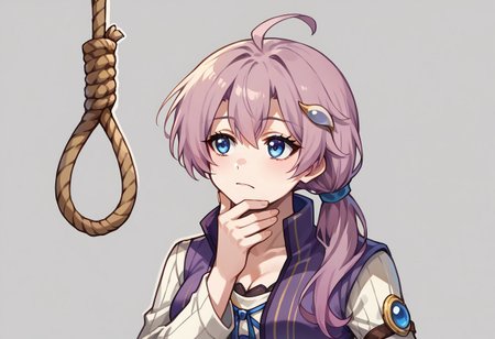 score_9, score_7_up, BREAK,  emmacs3, hair ornament, long sleeves, purple coat, sleeveless long coat, white shirt, <lora:emma-rebake3:0.9>, cleavage, blue eyes, <lora:thinkingnoosev1:1>, thinkingnoose, noose, hand on own chin, solo, thinking, rope