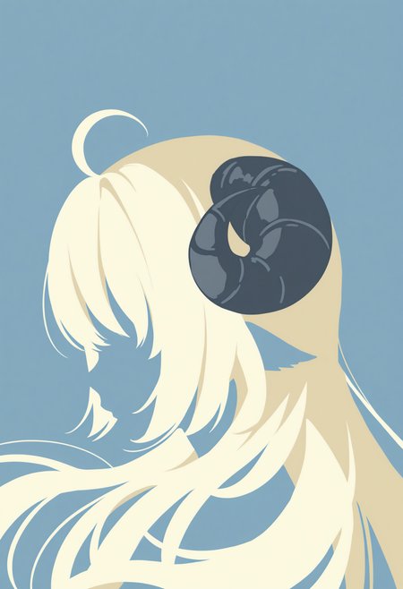 masterpiece, best quality, 1girl, solo, W4tame, horns, blonde hair, long hair, ahoge, vector art, simple background, no lineart, silhouette, portrait, no eyes, from side, <lora:ChamTsunomakiWatameNoob:1>