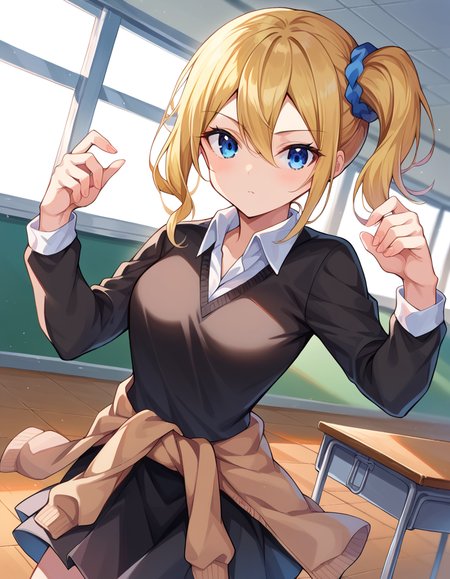 score_9, score_8_up, score_7_up, source_anime,
aihayasaka, <lora:ai-hayasaka-ponyxl-lora-nochekaiser:1>,
ai hayasaka, bangs, blue eyes, blonde hair, hair ornament, hair between eyes, sidelocks, side ponytail, scrunchie, hair scrunchie, blue scrunchie,
shirt, long sleeves, school uniform, shoes, socks, sweater, cardigan, black socks, clothes around waist, shuuchiin academy school uniform, sweater around waist, cardigan around waist,
indoors, classroom,
looking at viewer, cowboy shot, dutch angle, dynamic pose,