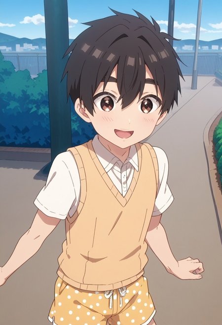 score_9, score_8up, 1boy, solo, smiling, outside, park, clapping, rentarou_aijou, black hair, brown eyes, short hair, hair between eyes, bangs, string vest, yellow shorts, polka dot shorts, dic style, vintage, cartoon