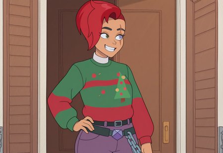 score_9_up, score_8_up, masterpiece,amazing quality,best quality,ultra-detailed,8K,illustration, amazing quality,easynegative, score_7_up, the professor, solo, red hair, smile, short hair, belt, pants, chain, pants, scar, scar on face, 1girl, grin, sweater,christmas sweater