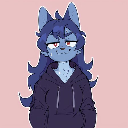score_9_up, score_8_up, score_7_up, score_6_up, by remanedur, half-length portrait, furry female, ears, furry, blue hair, long hair, looking at viewer, solo, smile, smug, smug face, smug grin,  three-quarter view, suggestive gesture, dolphin shorts, hoodie, sneakers, sweat, standing, tail, simple background, white outline, <lora:Leah_Pines(AIM)_XL_v1:0.25> <lora:PDXL_artist_tags_v2_big:0.6> <lora:The-Minuscule-Task_PDXL_v1.0:0.6>  <lora:Mini_Puppy_In_Space:0.75>