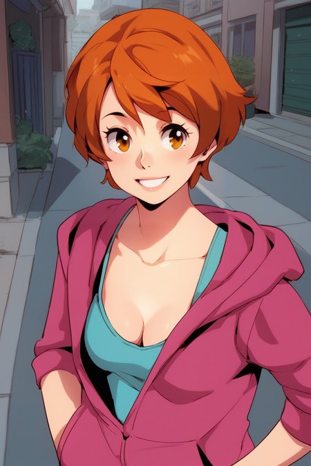 score_9, score_8_up, score_7_up, masterpiece, high quality, BREAK
<lora:SuePonyLoRA:1>sue, short hair, shirt, hoodie, hands in pocket, walking on a street, smile, portrait, cleavage, small breasts
