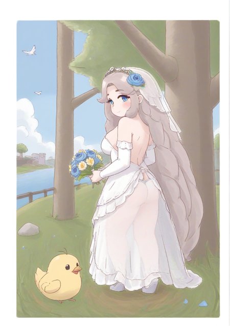 1girl, yorktown (azur lane), yorktown (towards tomorrow's brilliant breeze) (azur lane), yorktown ii (azur lane), furry female, back, backless dress, backless outfit, balloon, bare shoulders, bird, blue eyes, blue flower, blue sky, bouquet, breasts, bride, butt crack, closed mouth, detached sleeves, dress, eagle, flower, frilled dress, frills, from behind, full body, grass, grey hair, hair ornament, holding, holding bouquet, large breasts, long dress, long hair, looking at viewer, looking back, official alternate costume, outdoors, parted bangs, petals, river, see-through, see-through dress, sideboob, sidelocks, sky, smile, solo, standing, strapless, strapless dress, thighs, transparent background, tree, very long hair, water, wedding dress, white dress, white flower,zPDXL3  <lora:Barens98:1>