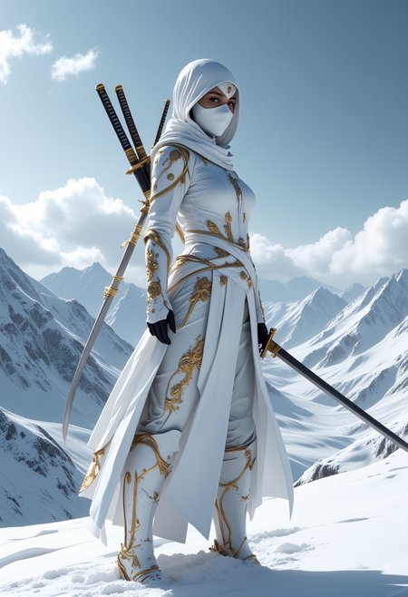 The scene presents a serene yet dynamic contrast of a lone warrior in a pristine snowy mountain range. This figure is a white-clad ninja, exuding an aura of quiet strength. Her sleek, futuristic attire is etched with intricate golden designs that not only speak to her skill and elegance but also suggest a deep connection with both tradition and modernity. Her poised stance, with a mask concealing her identity, hints at the mysterious nature of her existence. Three katana swords rest securely on her back, which may be an indicator of her readiness for battle, yet her calm presence implies that the true strength lies in patience and focus.
