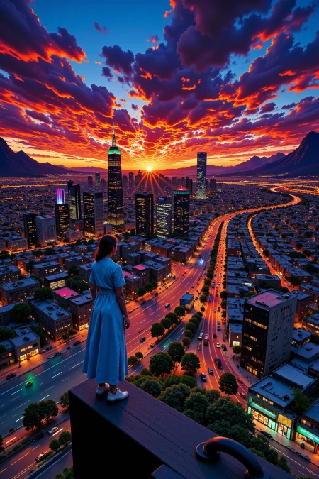 1980s 80's city beautiful  landscape, dusk, woman, very intricate, very detailed, sharp, bright, colorful, <lora:Hand v2:0.5> <lora:Anti-Blur:1><lora:Insane Detail Slider:0.25>  <lora:flux.1_lora_flyway_Epic-detail_v2:0.3> <lora:fluxenhancer:0.25>  <lora:ROWER:0.6>