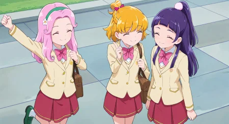 <lora:mahoutsukai_precure_all_in_one_illustXL_locon_v1:0.7> masterpiece, best quality, absurdres, very aesthetic, general, 3girls, tiles, grey background, outdoors, closed eyes, ^ ^, smile, 
hanami kotoha, pink hair, long hair, shiny hair, hair intakes, parted bangs, curly hair, closed eyes, green hairband, hair flower, white flower, eyelashes, eyebrows visible through hair, jhschl uniform, school uniform, yellow jacket, blazer, white shirt, collared shirt, long sleeves, pink bowtie, pink neckwear, red skirt, pleated skirt, red neckwear, white legwear, white socks, loafers, green footwear, standing on one leg, ^ ^, clenched hands, closed mouth, school bag, brown bag, raised fist, holding bag, smile, looking at another, 
asahina mirai, jhschl uniform, school uniform, blonde hair, short hair, half updo, shiny hair, braid, hair bow, pink bow, eyebrows visible through hair, closed eyes, eyelashes, yellow jacket, blazer, white shirt, collared shirt, long sleeves, pink bowtie, pink neckwear, red skirt, pleated skirt, red neckwear, white legwear, white socks, ^ ^, index finger raised, pointing up, closed mouth, standing, smile, holding bag, school bag, brown bag, looking at another, 
izayoi liko, jhschl uniform, school uniform, purple hair, blunt bangs, shiny hair, half updo, ponytail, sidelocks, long hair, pom pom hair ornament, straight hair, (closed eyes:1.2), eyelashes, eyebrows visible through hair, yellow jacket, blazer, white shirt, collared shirt, long sleeves, pink bowtie, pink neckwear, red skirt, pleated skirt, red neckwear, white legwear, white socks, ^ ^, closed mouth, index finger raised, pointing up, smile, holding bag, school bag, brown bag, standing, looking at another,