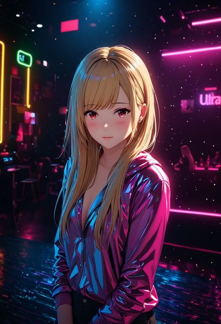 vaporware colors,blonde hair,shine glass,neon lights,light particles,colorful:1.3,gradient,chromatic aberration) 1girl,long-focus,tilt-shift,dark background,simple background,full body,cute emotional,harmonious,high budget,moody,epic,gorgeous,perfect lighting,realistic,photorealistic,photographic,photo (medium),real,moody lighting,volumetric lighting,reality ray tracing,8K,HDR,UHD,masterpiece,best quality,highly detailed,high resolution,finely detail,extremely detailed,ultra detailed,vibrant background colors, nightclub