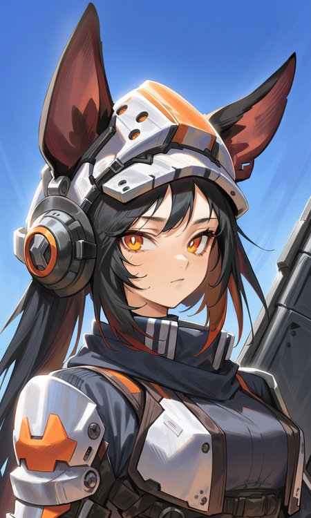 agoto, 1girl, solo, animal ears, black hair, helmet, standing, looking at viewer, orange eyes, upper body, portrait, outdoors, sky, 
masterpiece, best quality, very aesthetic, absurdres,
<lora:Agoto_xl:1><lora:Fixhands_anime_bdsqlsz_V1:1>