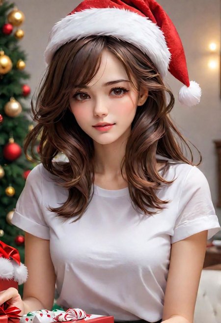 (masterpiece), 
1girl,
christmas hat,
white shirt,
brown hair,, floating hair, 
upper body shot, 
HDR, highly detailed, 32k, 
(sexy) mood, 
perfect face feature,