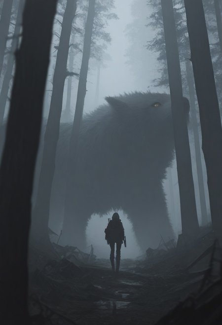 masterpiece, best quality, good quality, very aesthetic, absurdres, newest, 8K, depth of field, focused subject, 1girl, solo, hunting, asymmetrical forest , tree, ruins, fog, science fiction,
in the style of ckjs