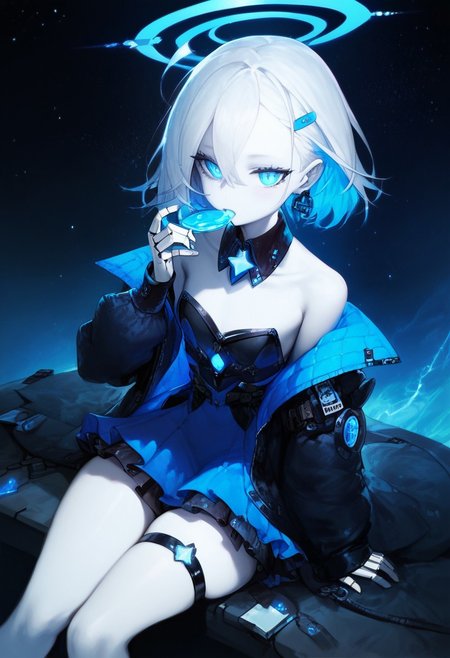 rating_explicit, masterpiece, absurdres, (high quality), detailed skin, detailed character design, ultra-high resolution, perfectly composed, clear, breathtaking attention to detail, highres, ultra detail, solo, 
BREAK
 (score_9, score_8_up, score_7_up), (Masterpiece), (expressive eyes), 1girl,  visor,
single earring, detached collar, off shoulder, bare shoulders, coat, long sleeves, puff sleeves, dress, blue dress, thigh strap,  sitting, leaning forward, starry sky,
Automaton, colored skin, (white_skin:2.0), (joints:), white hair, blue eyes, glowing blue eyes, <lora:MGE_V5.1:0.5>
BREAK
score_9, score_8_up, score_7_up, score_6_up, score_5_up,  <lora:frengXLP:1> freng, 1girl,