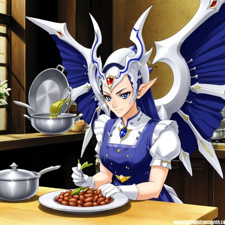 a dorugoramon maid cooking beans,cute,:3, scene from kobayashi-san chi no maidragon,dress,wings,horns,anime,anime style, forehead jewel,<lora:DORUgoramon:0.65>