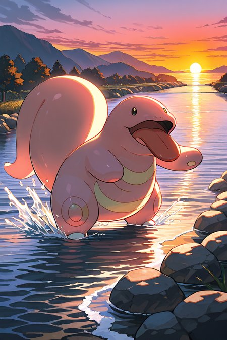 masterpiece, best quality,   Lickitung, no humans, pokemon (creature),  <lora:LickitungPokedexIXL:1.0>,   standing near a river, tongue splashing water, glowing sunset, serene atmosphere, soft and warm lighting, natural setting, vibrant and whimsical