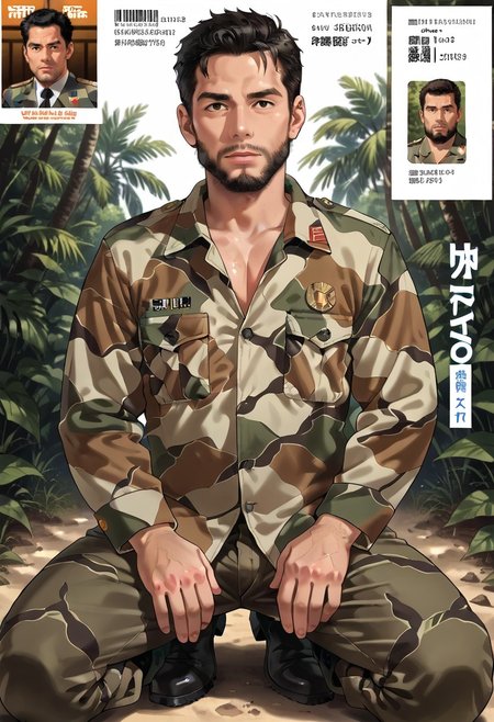 safe_pos, (Aaaild, Aaadjd, manga cover, magazine cover, text) source_anime, safe_pos, perfect anatomy, perfect proportions, best quality, masterpiece, high_resolution, high quality, (solo focus, male focus, male only, bara, gay, homo, mature, masculine, manly, virile, macho, hunky, rugged, middle-age, daddy, dilf, handsome), alluring, seductive, heroic, serious, grim, stern, unsociability, bluntness, gruffness, naughty face, moaning, dazed, looking away, focusing gaze, BREAK (asian man, dark eyes, black hair, sideburns, facial hair, stubble, beard), BREAK (SKMCTortoise, uniform, camouflage, military uniform, jacket, long sleeves, pants, black boots), BREAK sitting on floor, lying on back, relaxed pose, leaning slightly, one knee bent upward, legs spread, hand supporting head, contemplative expression, horny, kinky, domination, heavy breathing, enticed, excessively sweaty shiny skin, shading, countershading, outdoor, dark atmosphere, nature, tropical jungle, wetland, trees