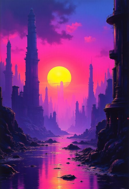 abstract painting, gradient vibrant neon colours, sci-fi towers and skyscrapers in a futuristic alien cityscape
