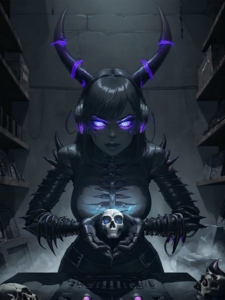 <lora:Biomechanicals_v2_lora1500:0.777>
black background, recording studio, dark colors, dark lighting, neon
1girl, dj, necromancer, skull face, headphones, demon horns, pentagram, black metal style, biomechanical
DeepDarkestV1