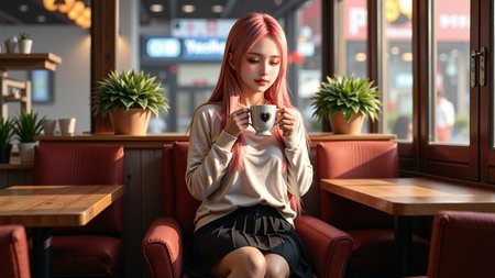 A stylish20-year-old girl with long pink hair and green eyes sits comfortably in a modern cafÃ©,wearing a cream-colored sweater,a black pleated skirt,and elegant knee-high black boots. Holding a hot cup of coffee,she gently blows on it while smiling softly. The cafÃ©âs warm ambient lighting creates a cozy atmosphere,with wooden tables,potted plants,and soft jazz music playing in the background. Large windows reveal the bustling city outside,with neon lights reflecting off the glass. Realistic photography style,cinematic lighting,soft-focus background,warm and cool tone contrast.,
<lora:yuukananri-base-02-flux:0.8>,yuukananri,she has a slender physique and a petite build,