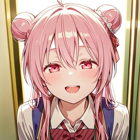 masterpiece, best quality, 32k, high resolution, absurdres, matsuzaka satou, double bun, POV, looking at viewer, blush, smile, open mouth, upper teeth only