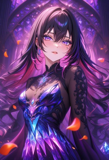 masterpiece, best quality, very aesthetic, absurdres, newest, 8K UHD, chiaroscuro, depth of field, cowboy shot, 1girl, solo, long hair, looking at viewer, bangs, black hair, hair between eyes, purple eyes. multicolored hair, eyelashes, mole under eye, elegant dress, portrait, small breasts, crystal indoors, fantasy scenery, luminescent flowers, petals, vibrant color palette, complementary colors, iridescent effects, golden accessories, (color variety:1.4), (balanced contrast, subtle vibrancy, color harmony, warm and cool tones, mix of warm and cool lighting, soft lighting), [[purple background:0.3]], (garden)<lora:EMS-416638-EMS:0.800000>