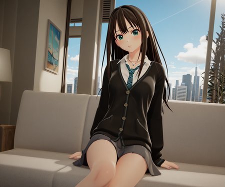 masterpiece, best quality, amazing quality, , 1girl, solo, looking at viewer, shibuya rin, cardigan, shirt, skirt,  outdoors,   <lora:New Kizuna AI ILL-v2:1> newkizunaai, 3d,