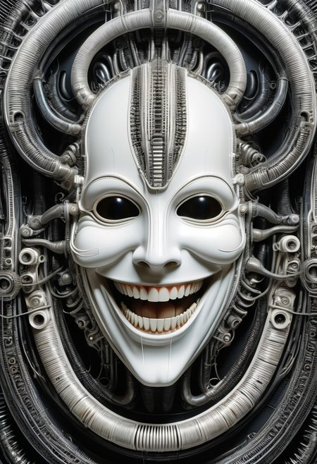 detailxl, high quality,
(black blank background:1.2)
(white mask, big smile, big teeth:1.4),
(mechanical, organs, engine, wires, contraptions, pipes), 
(painting illustration by HG Giger:1.8)