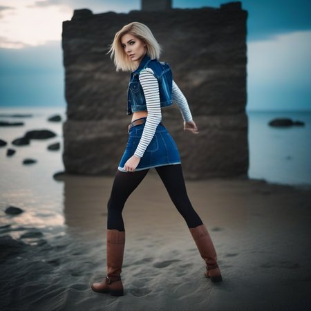 cinematic photo a platinum woman, beach, jean jacket, black tights, jeans miniskirt, brown boots <lora:Android18-1024:0.8> . 35mm photograph, film, bokeh, professional, 4k, highly detailed