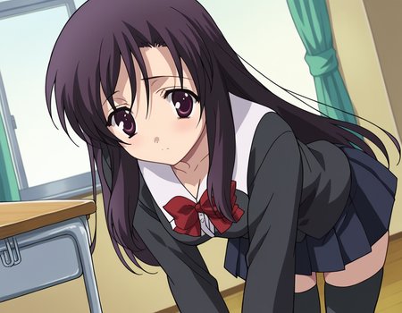 score_9, score_8_up, score_7_up, source_anime,
kotonohakatsura, <lora:kotonoha-katsura-ponyxl-lora-nochekaiser:1>,
kotonoha katsura, purple eyes, black hair, long hair,
black thighhighs, bow, red bow, school uniform, skirt, thighhighs, zettai ryouiki,
indoors, classroom, bent over,
looking at viewer, cowboy shot,