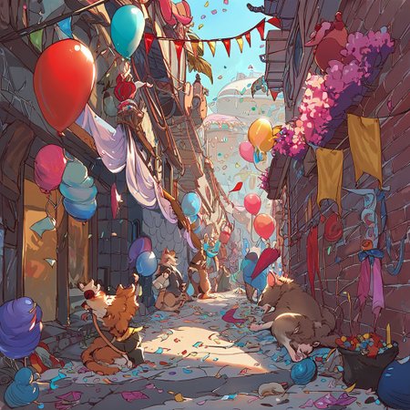 score_9, score_8_up, score_7_up,  fluffy_new_year, multiple rats wearing various party hats, new years eve party, balloons, confetti, alley background