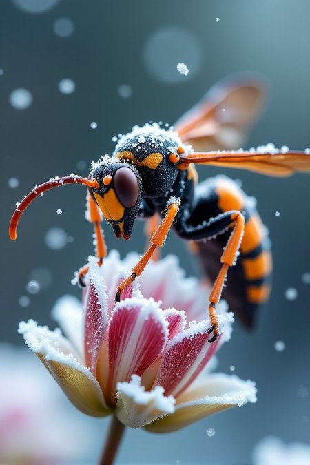 Capture a dramatic macro photograph of a giant Asian wasp perched on a frosty flower during a snowfall. The waspâs robust body is covered in a dusting of fine snowflakes and shimmering ice crystals, accentuating the rich orange and black patterns on its exoskeleton. Its powerful wings are partially frozen, catching the diffused, cool light and reflecting subtle highlights, while the textured details of its antennae and segmented legs gripping the icy flower are vividly rendered. Snowflakes are captured mid-air, some tumbling and others settled on the wasp and flower, adding a dynamic energy to the scene.
The frosty flower, with hints of its vibrant color peeking through a delicate layer of ice, provides an intricate backdrop, showcasing veins and textures illuminated by soft lighting. The background fades into blurred tones of muted whites and pale blues, evoking a calm and cold winter atmosphere. The lighting is natural and diffused, highlighting the frosty textures and creating subtle contrasts on the waspâs bold patterns. This composition emphasizes the waspâs formidable presence against the serene yet harsh beauty of a snow-covered environment, blending intricate detail with dramatic stillness.<lora:Sinfully_Stylish_.02_for_FLUX:1>âââ