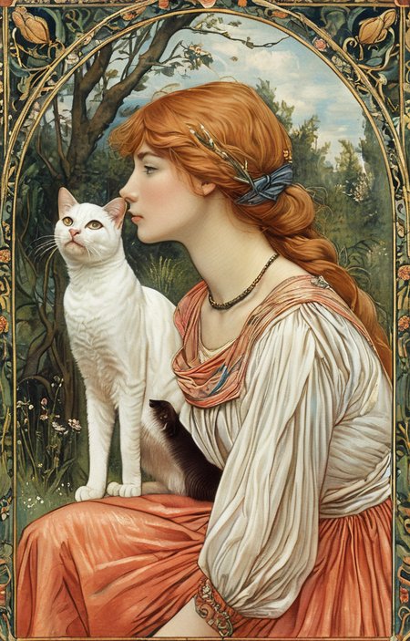 masterpiece,best quality,<lora:tbh132-sdxl:0.8>,portrait of cat,illustration,style of Walter Crane,