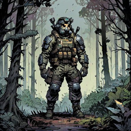 high-definition 8k comics artwork in dgst art style of an special forces soldier wearing tactical armor standing in a thick forest with fog, full body.
