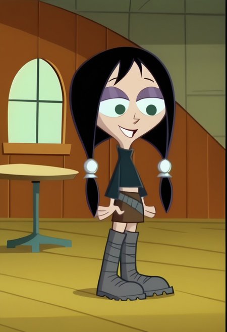 score_9, score_8_up, score_7_up BREAK MansonM, 1girl, black hair, dark green eyes, purple eyeshadow, white scrunchies, pigtails, dark blue sweater, metal belt, brown skirt, gray boots, closed smile, relaxed, dark creepy mansion indoors, scary house background, screenshot, official art, parody, cartoon footage, official design, screencap, cartoon screenshot, official screenshot, 2d, cartoon, source_cartoon, full body,
