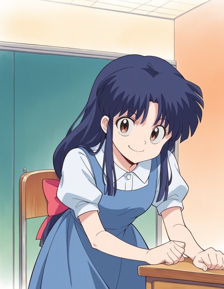 score_9, score_8_up, score_7_up, source_anime, <lora:akane-tendou-leak-ponyxl-lora-nochekaiser:1>, akane tendo, long hair, black hair, brown eyes, blue hair, sidelocks,, school uniform, pinafore dress, short sleeves, collared shirt, puffy sleeves, blue dress,, indoors, bent over, smile, smug, looking at viewer, solo,, cowboy shot, dutch angle