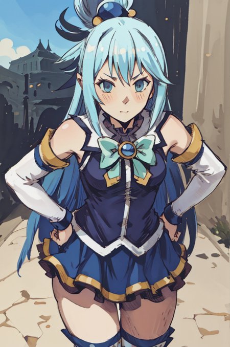 Aqua(/Konosuba)/,(ultra HD quality details), pale skin, blue eyes, blue hair, long hair, hair ornament, hair rings, single hair ring, blue footwear, blue hair, blue thighhighs, boots, detached sleeves, thigh boots, thighhighs, white thighhighs, thighhighs, bare shoulders, blue skirt, blue shirt, green bow, hands on hip, legs aside, leaning forward, angry face, Bravely Default Style, <lora:pony\char\anime\Aqua (Konosuba) - XL Pony V2.0.safetensors>, <lora:styles\BravelyDefault.safetensors>, <lora:char\anime\aqua_konosuba-000035.safetensors>, <checkpoint:[Pony] prefectPonyXL_v10.safetensors>