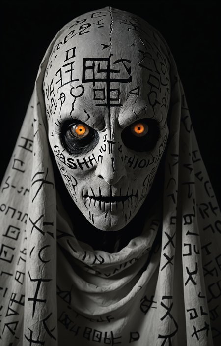 shadow, dark and mysterious creature,close up,shrouded and darkness, white  runic text ,grin, intriguing glowing  eyes , photo,Roger Ballen <lora:sss-000009:0.3> <lora:extremely_detailed:1>