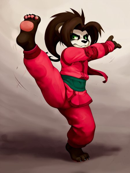 score_7, score_7_up,  score_9, score_ 9_up, BREAK, <lora:Li_Li_Stormstoutfinal:1> li li stormsout, panda girl, pandaren, portrait, frontal view, kicking, paws, green eyes,