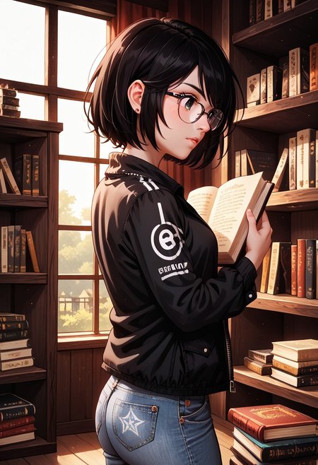 (score_9, score_8_up, score_7_up, highest score, best quality:1.2), zPDXL3, NEGATIVE_HANDS, detail1eye, hi-res. 8k, source_anime BREAK 1girl, reikoif, medium hair, black hair, black eyes. standing, holding book, reading book BREAK glasses, light jacket, black jacket, green blouse, denim pants BREAK L1brary, indoors, bookshelves, books, window (indoors:1.3), side view, sharp colors, perfect face, perfect hands, perfect eyes, (detailed realistic background:1.3), (high quality:1.1), (ultra detailed:1.4), <lora:pony_good_hands:0.7>, <lora:add-detail-xl:1>, <lora:xl_more_art-full_v1:0.5>